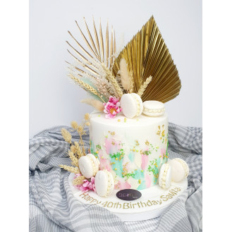 Floral Macaron Palm Leaf Cake