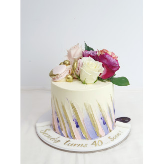 Purple and Gold Strokes Cake with Flowers 
