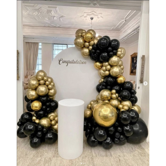 Black and Gold (1.8m Semi arch backdrop - white Personalization on backdrop Balloon garlands 1 x Medium circle table - White)