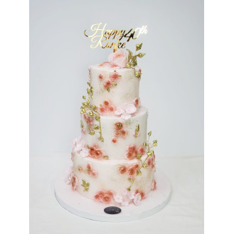 3 Tier Pink Floral Cake (with Custom Topper)