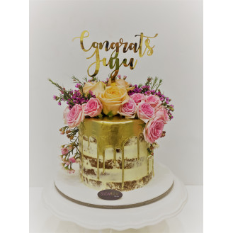 Pink Roses Topper Gold Drizzle Buttercream Cake