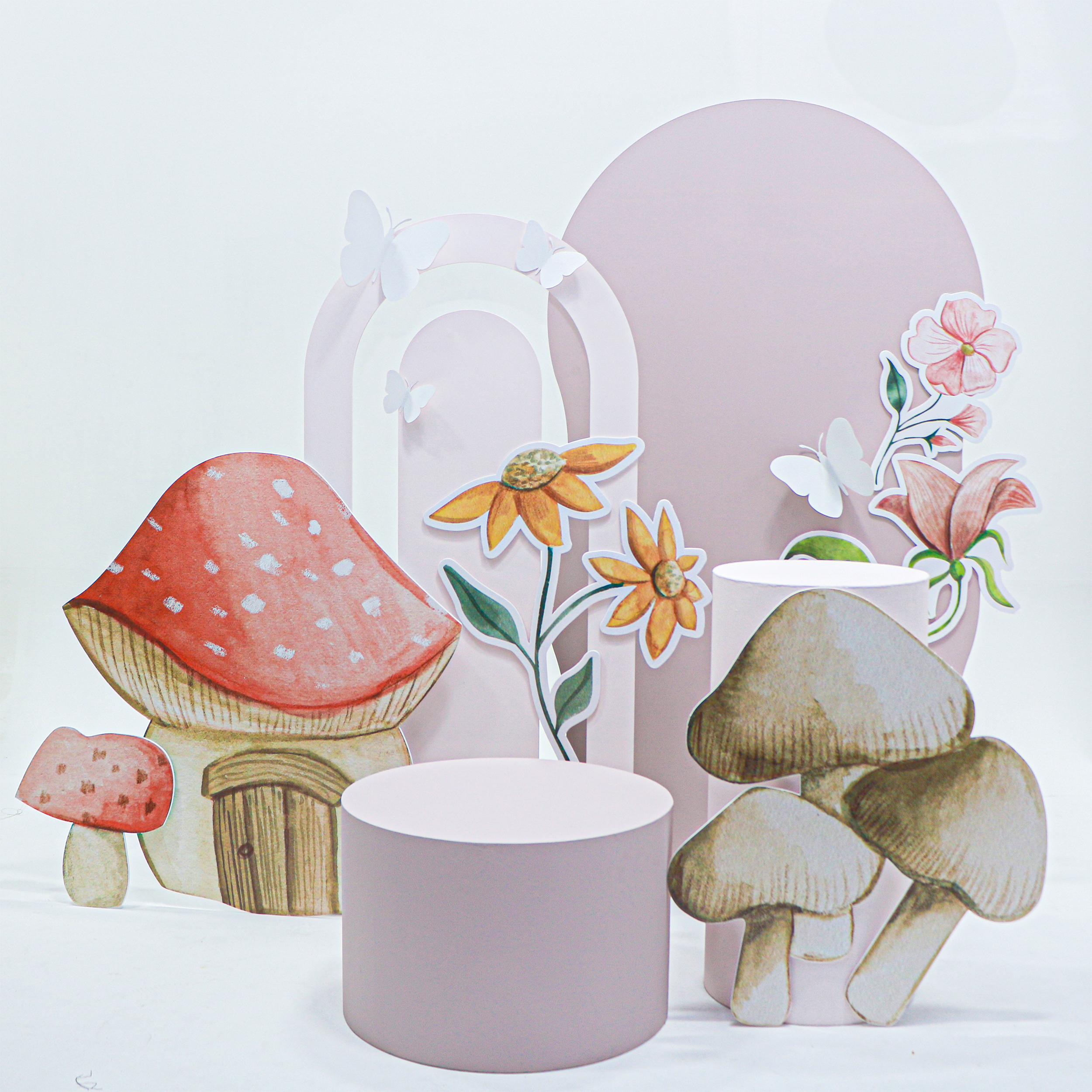 Fairy Garden (1 x H -1.8m x W - 1m wavy backdrop 1 x H - 1.5m x W - .70m rainbow backdrop 2x plinths cake table 5 x foamboard elements Personalization on Backdrop)
