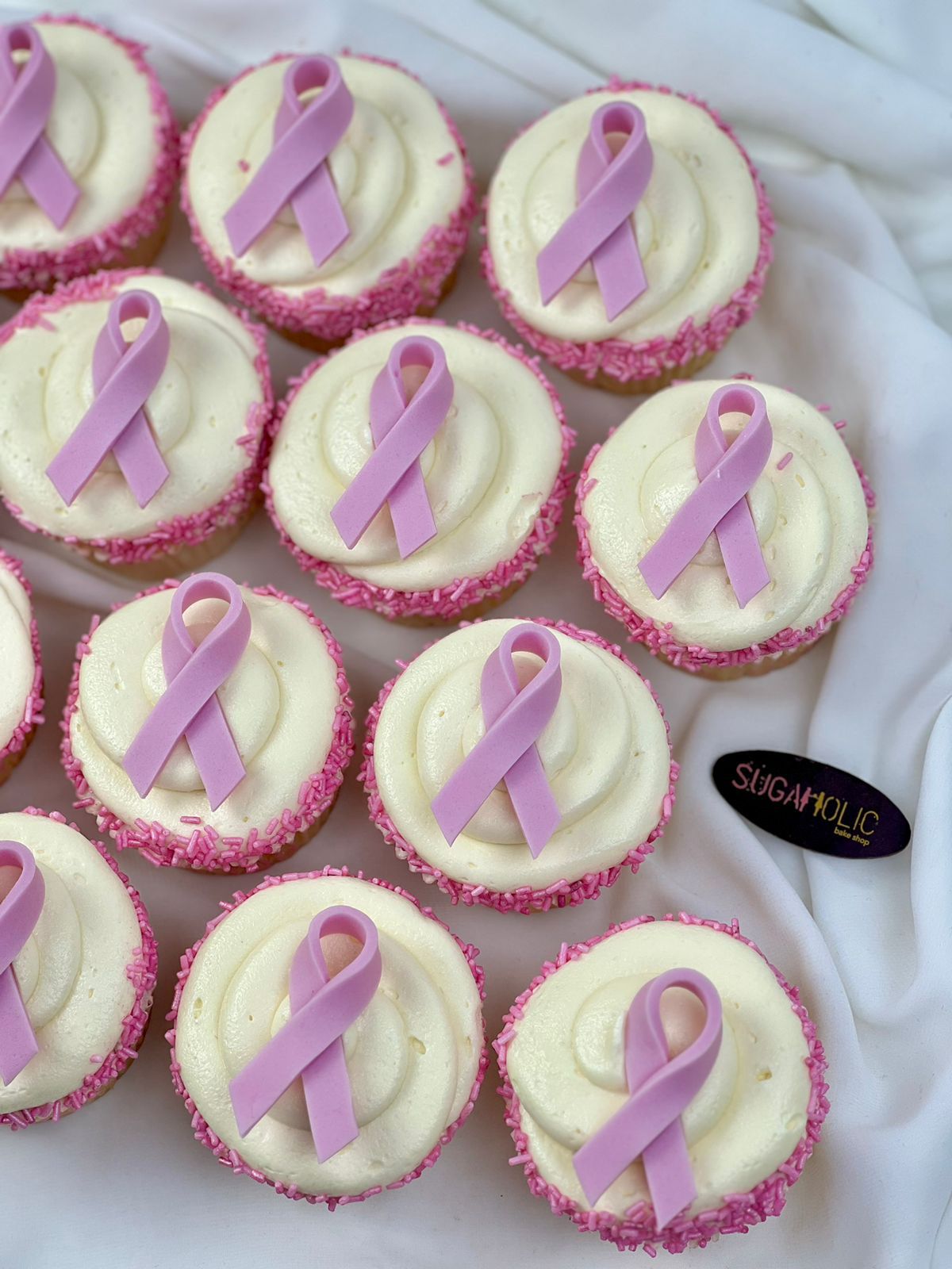 Breast Cancer  Logo in White Icing Cupcake