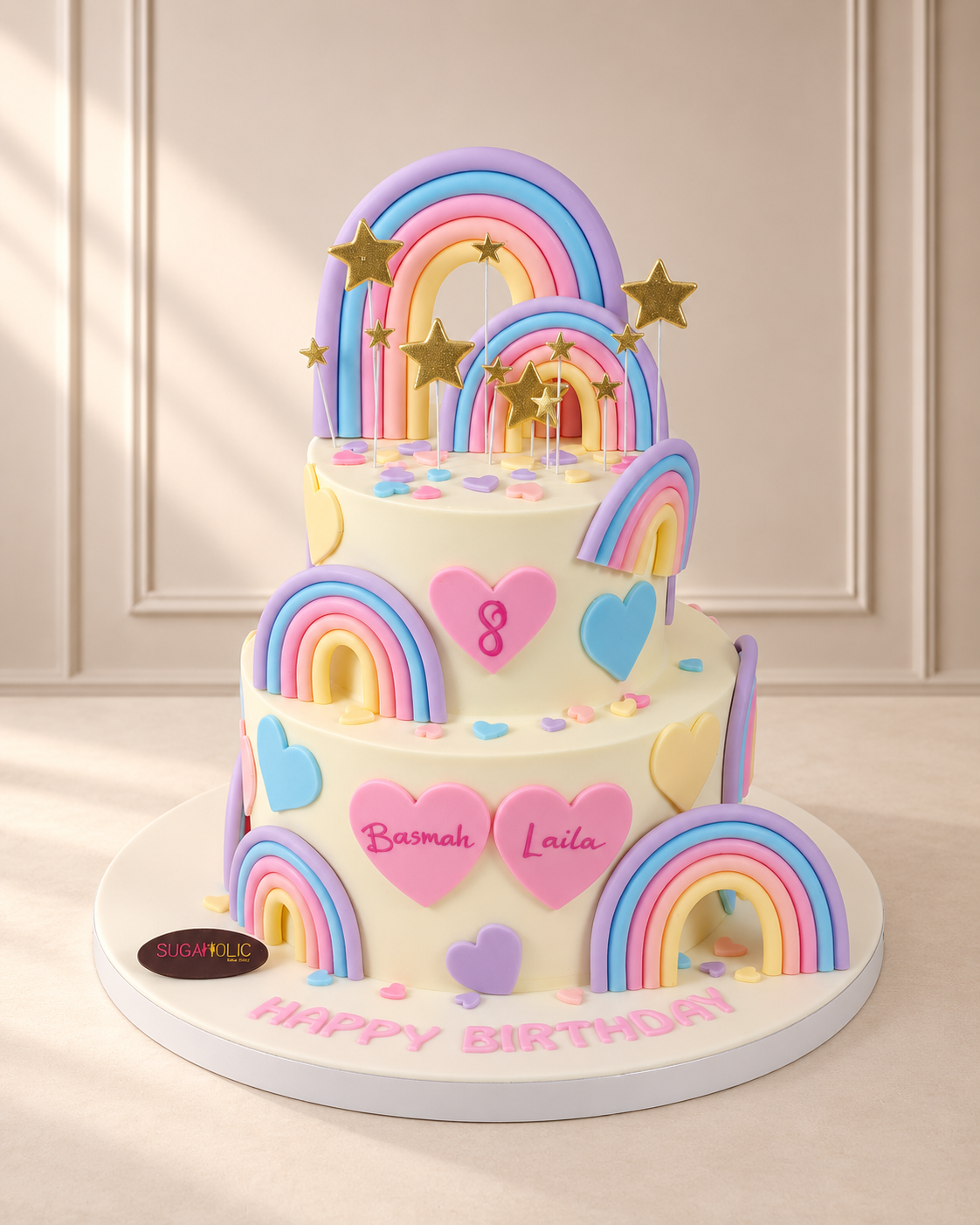 Pastel Rainbow Hearts Two Tier Buttercream Cake