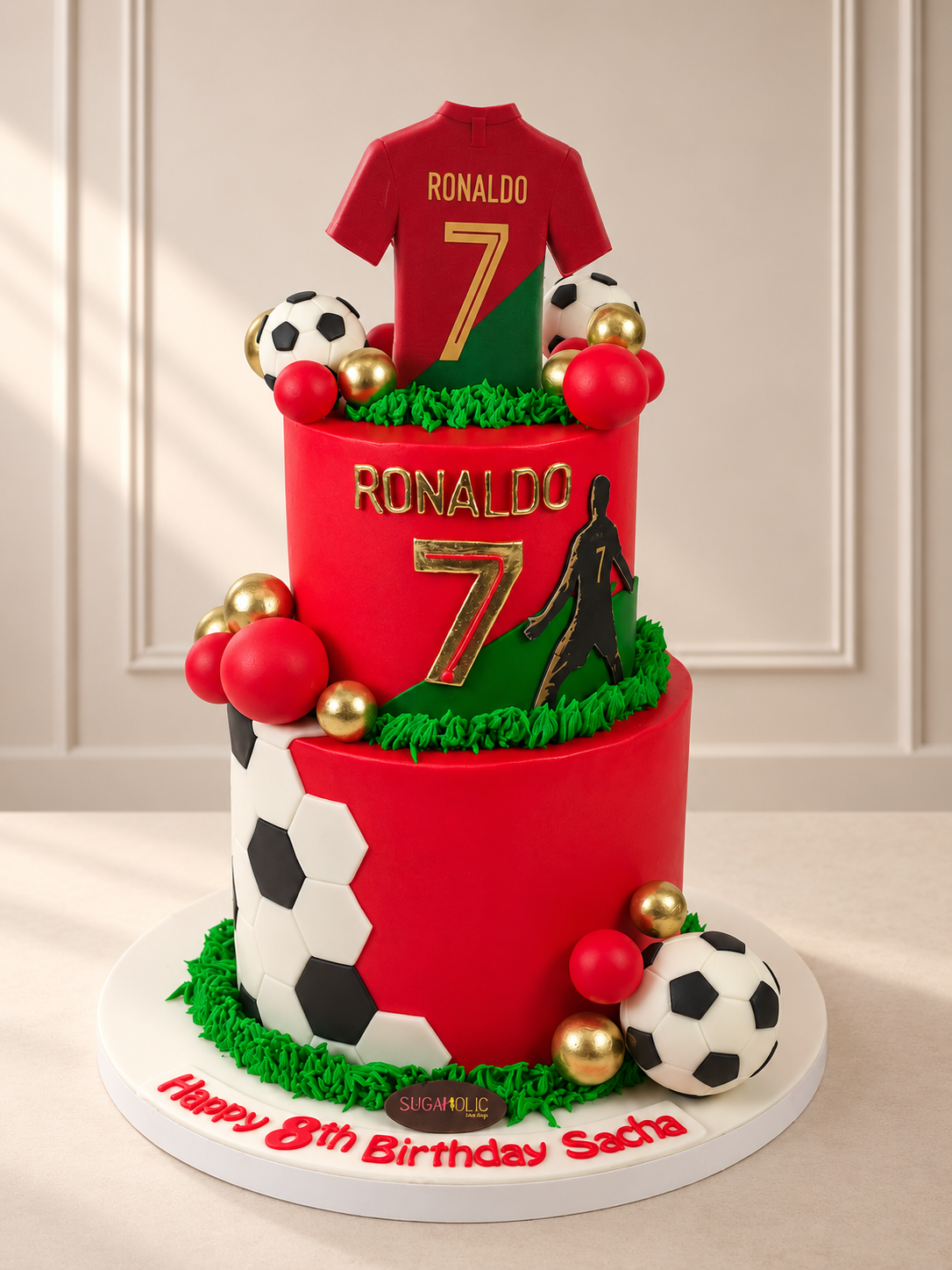 Red and Green Ronaldo Football Two Tier Cake