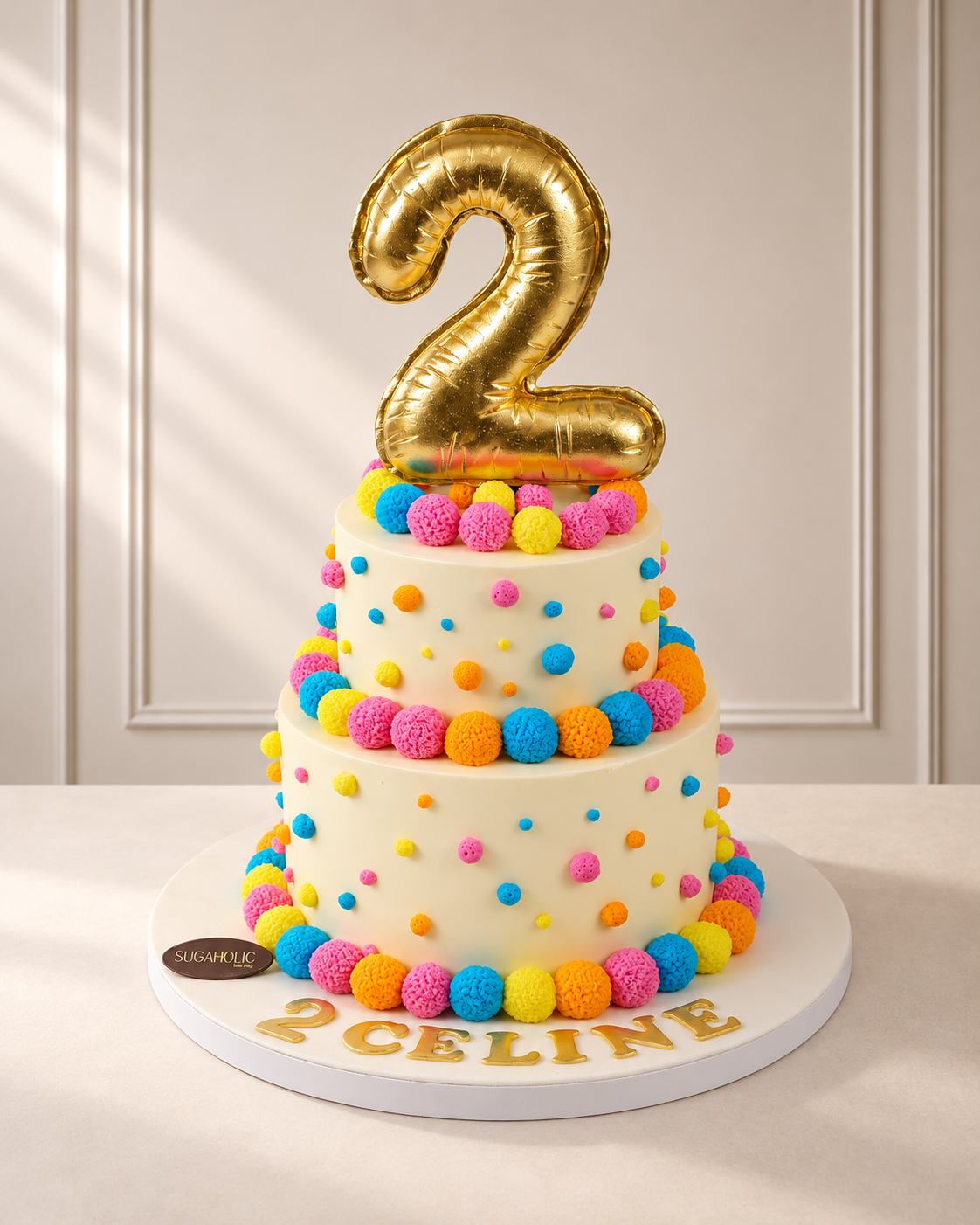 Colourful Pompom Two Tier Buttercream Cake