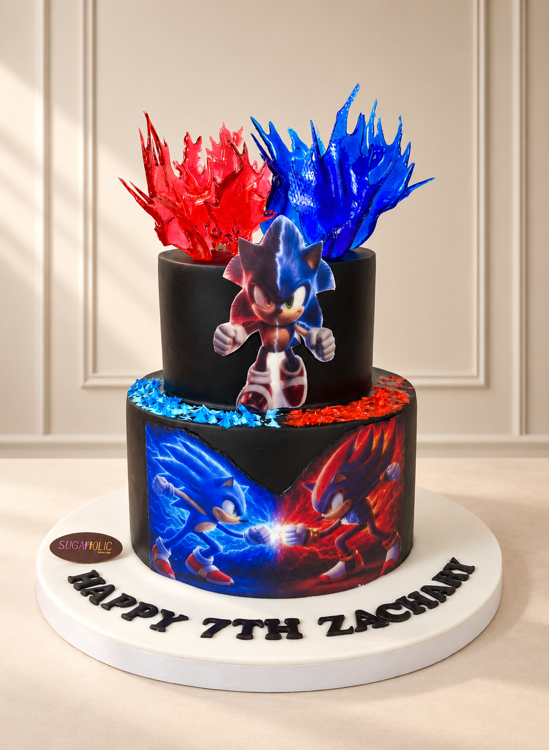 Blue and Red Sonic Two Tier Birthday Cake