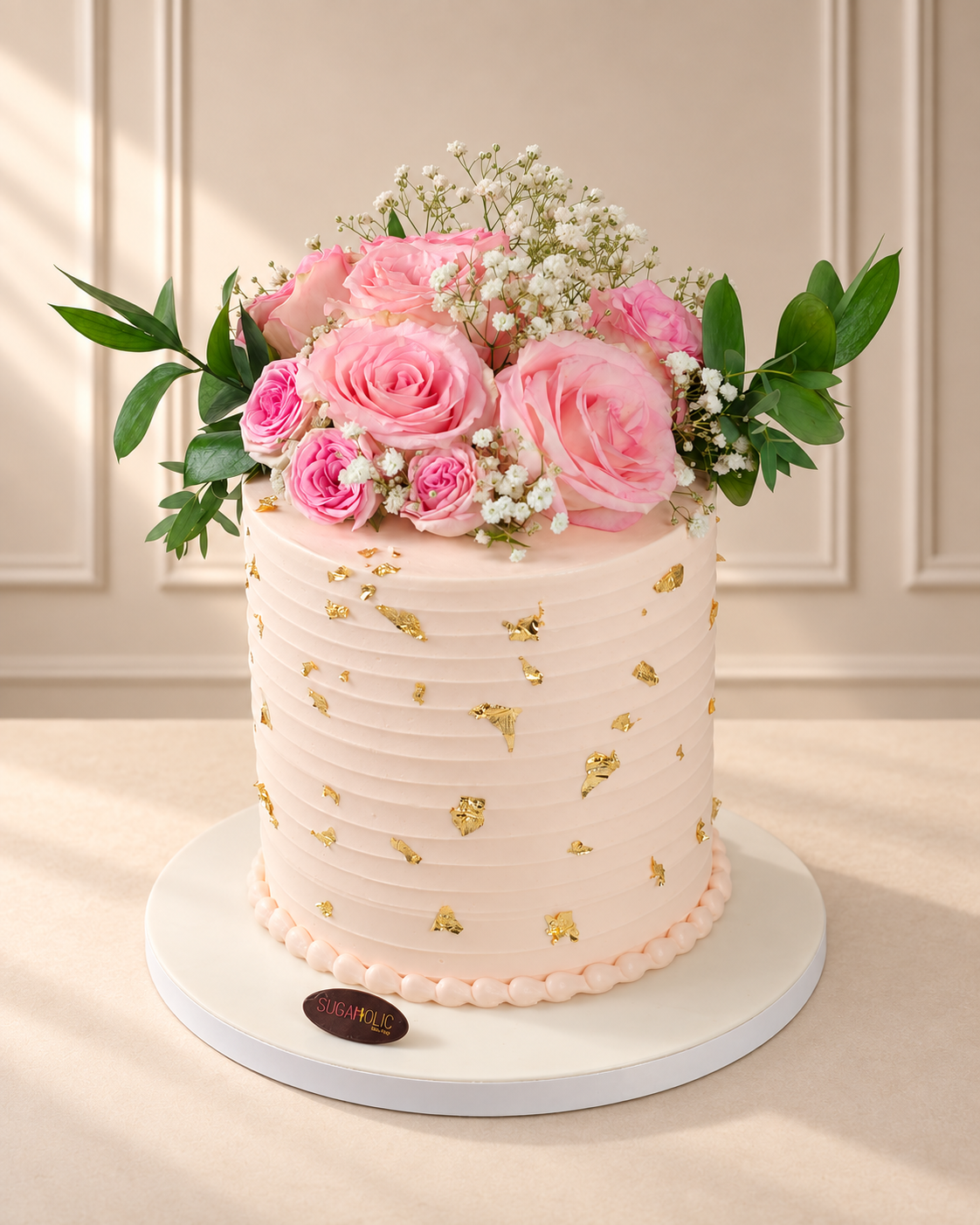Blush Pink Rose and Gold Leaf Buttercream Cake