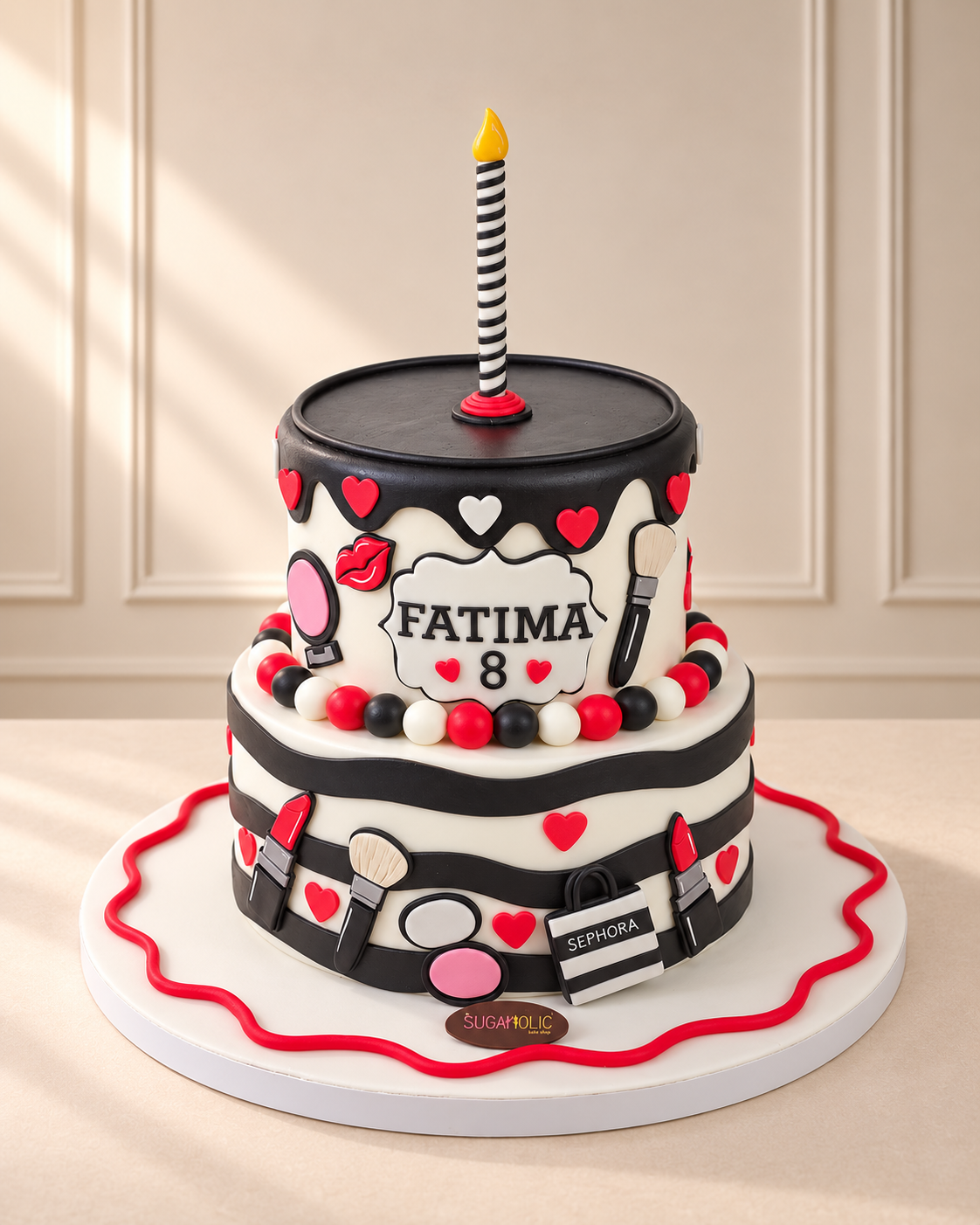 Black White and Red Makeup Two Tier Cake