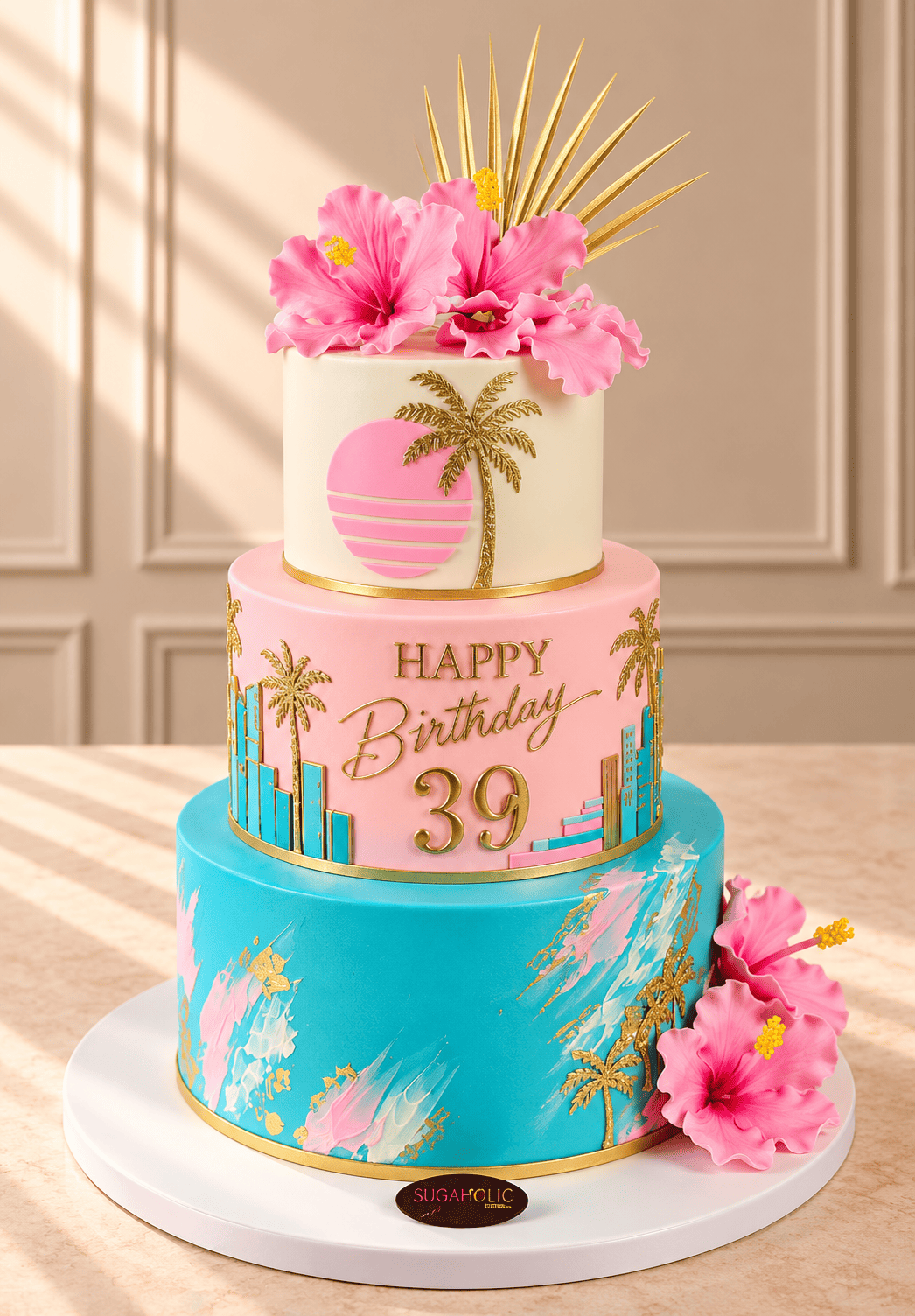 Tropical Beach Hibiscus Three Tier Buttercream Cake