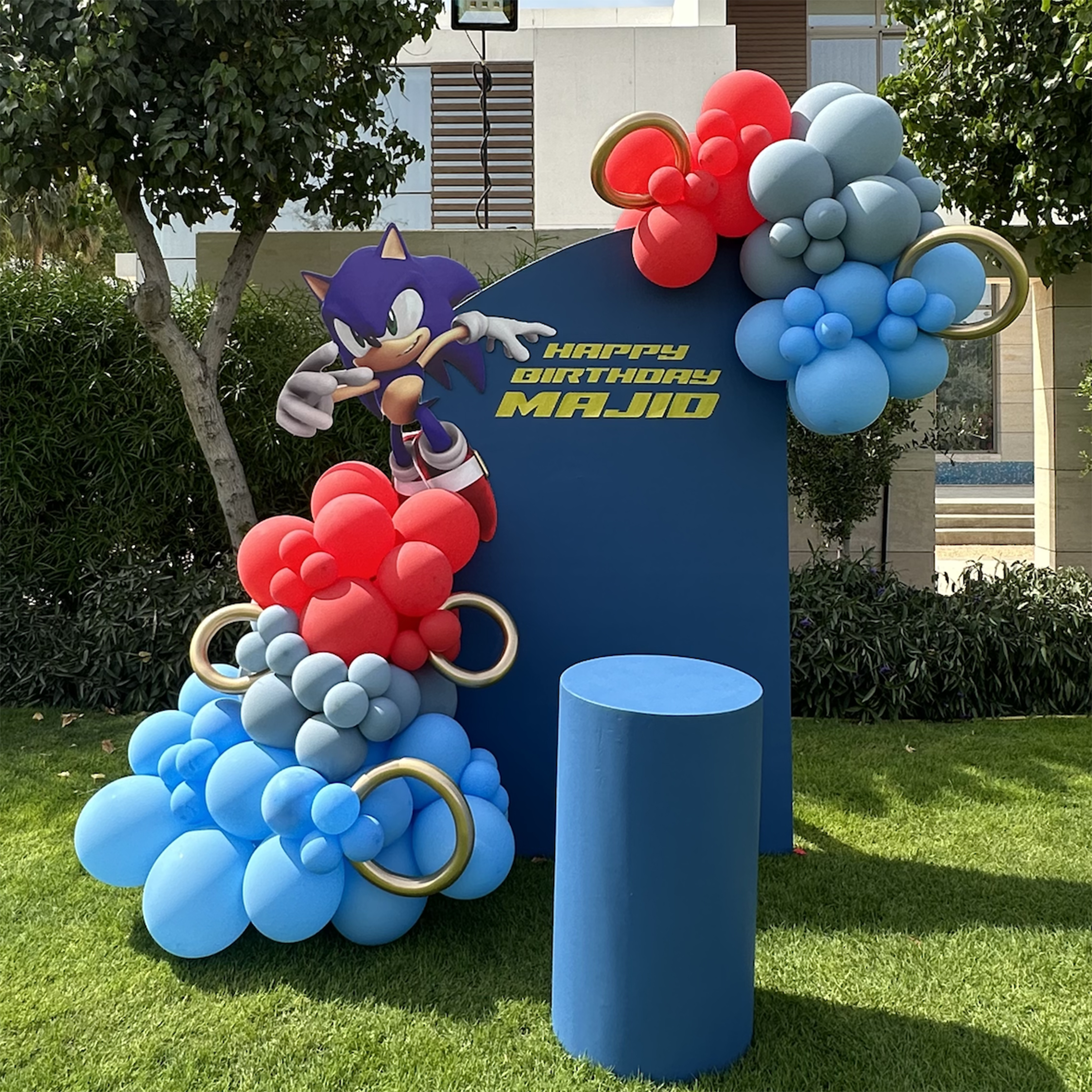 Sonic (1.8m Semi arch backdrop - white Personalised on the backdrop Balloon garlands 1 x Medium circle table - White)