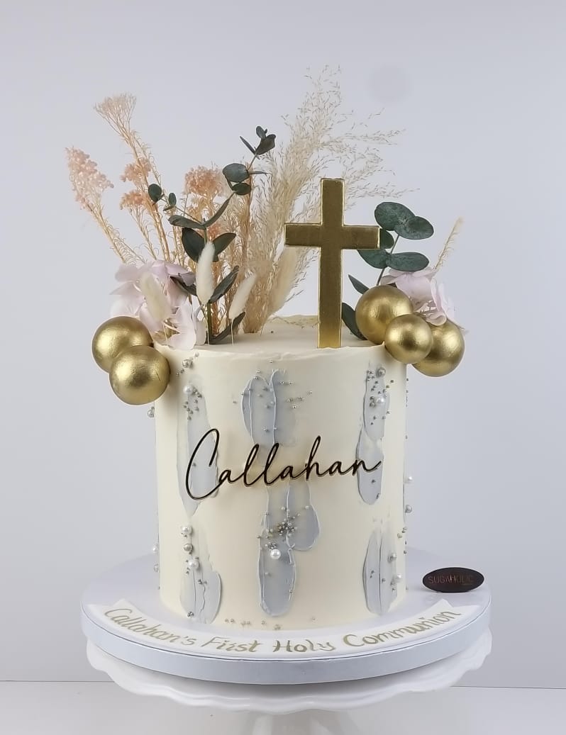 Christening Buttercream Cake with Personalized Topper