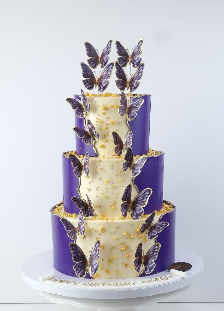  Purple and White Butterflies Buttercream Cake