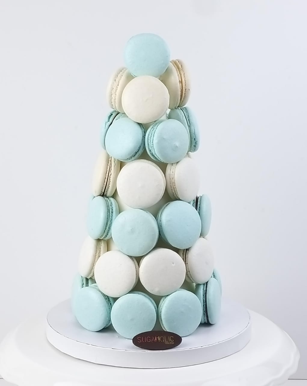 White and Teal Macaroon Tower 