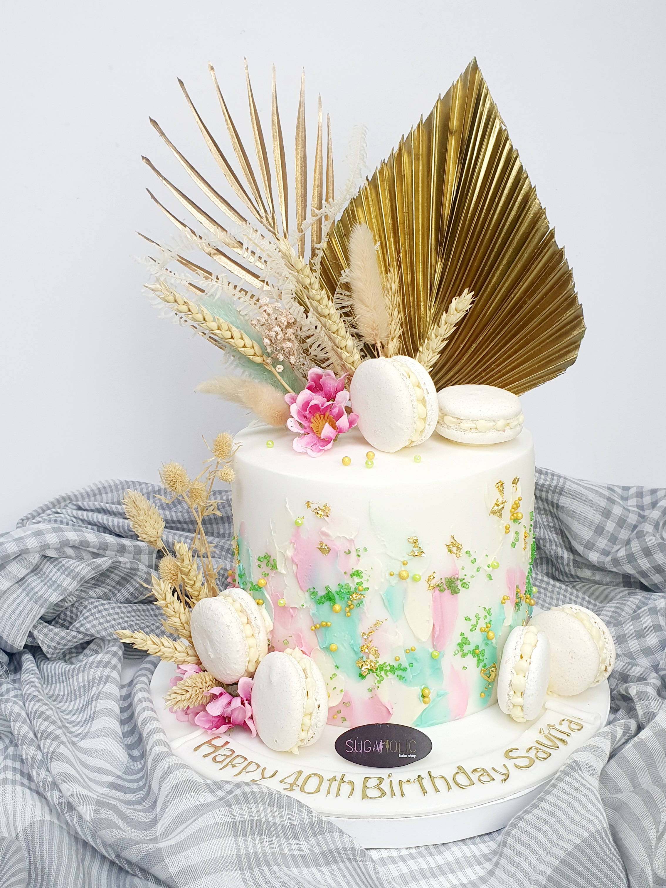 Floral Macaron Palm Leaf Cake