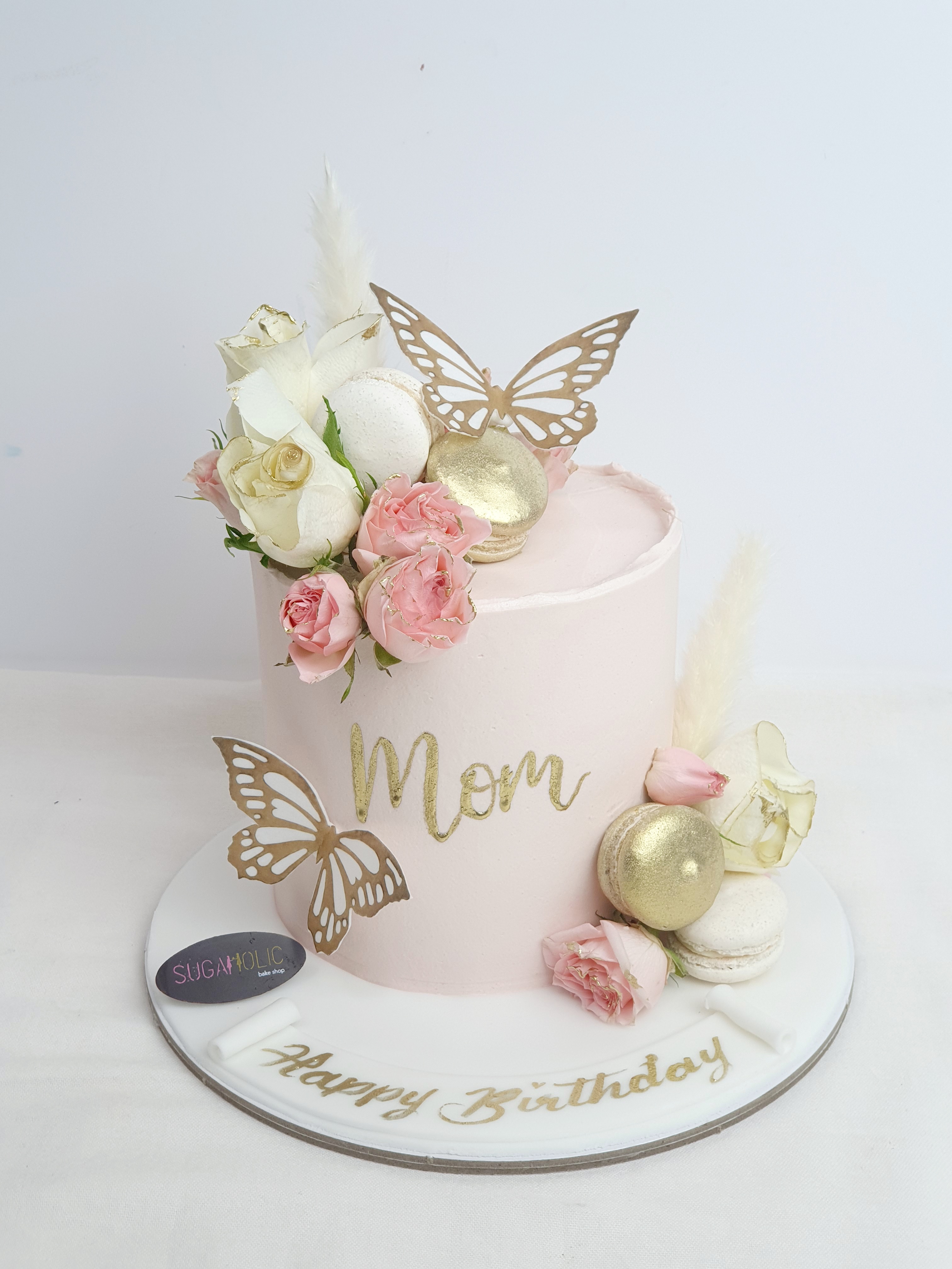 Mum Butterfly Cake  with flowers and macarons