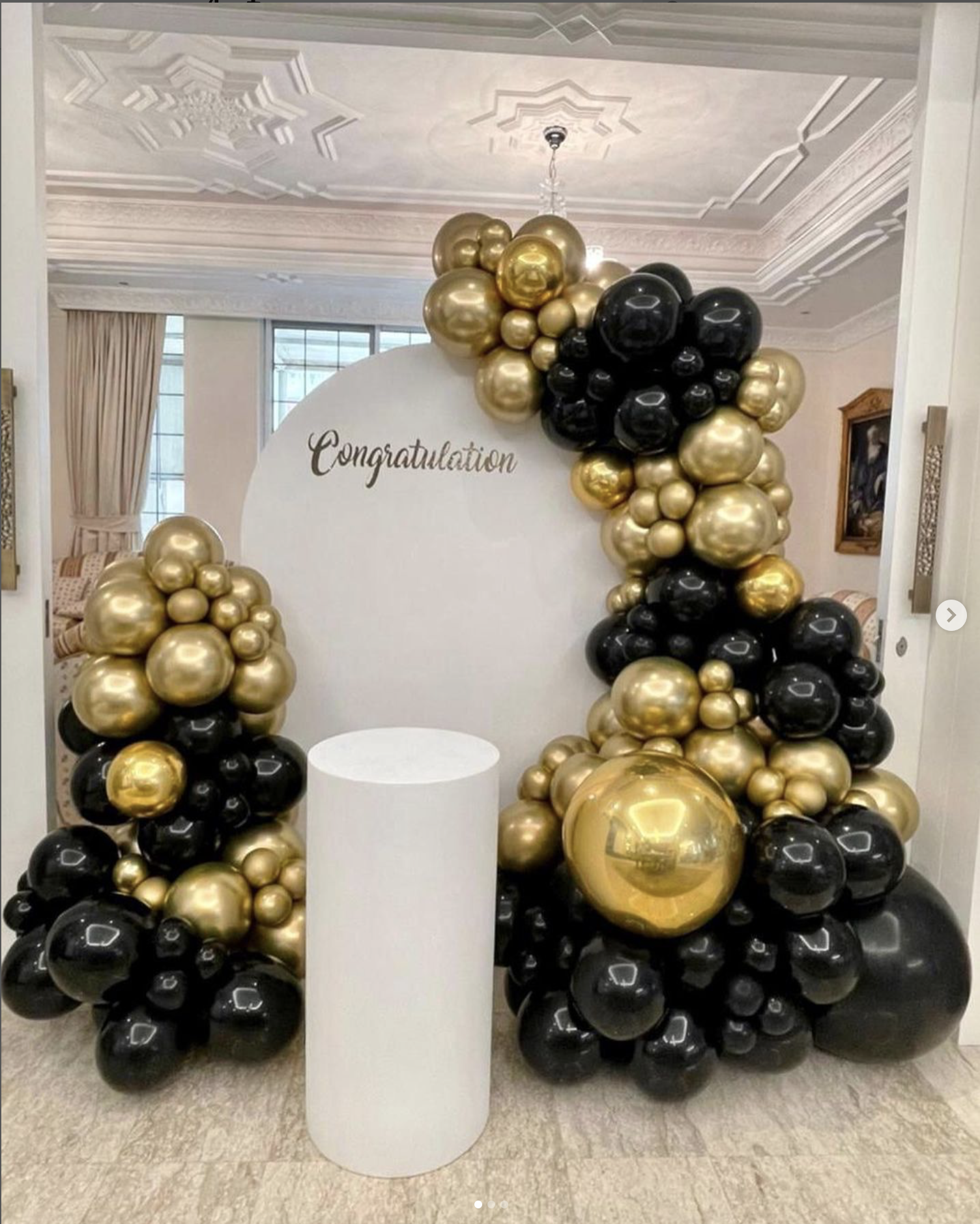 Black and Gold (1.8m Semi arch backdrop - white Personalization on backdrop Balloon garlands 1 x Medium circle table - White)