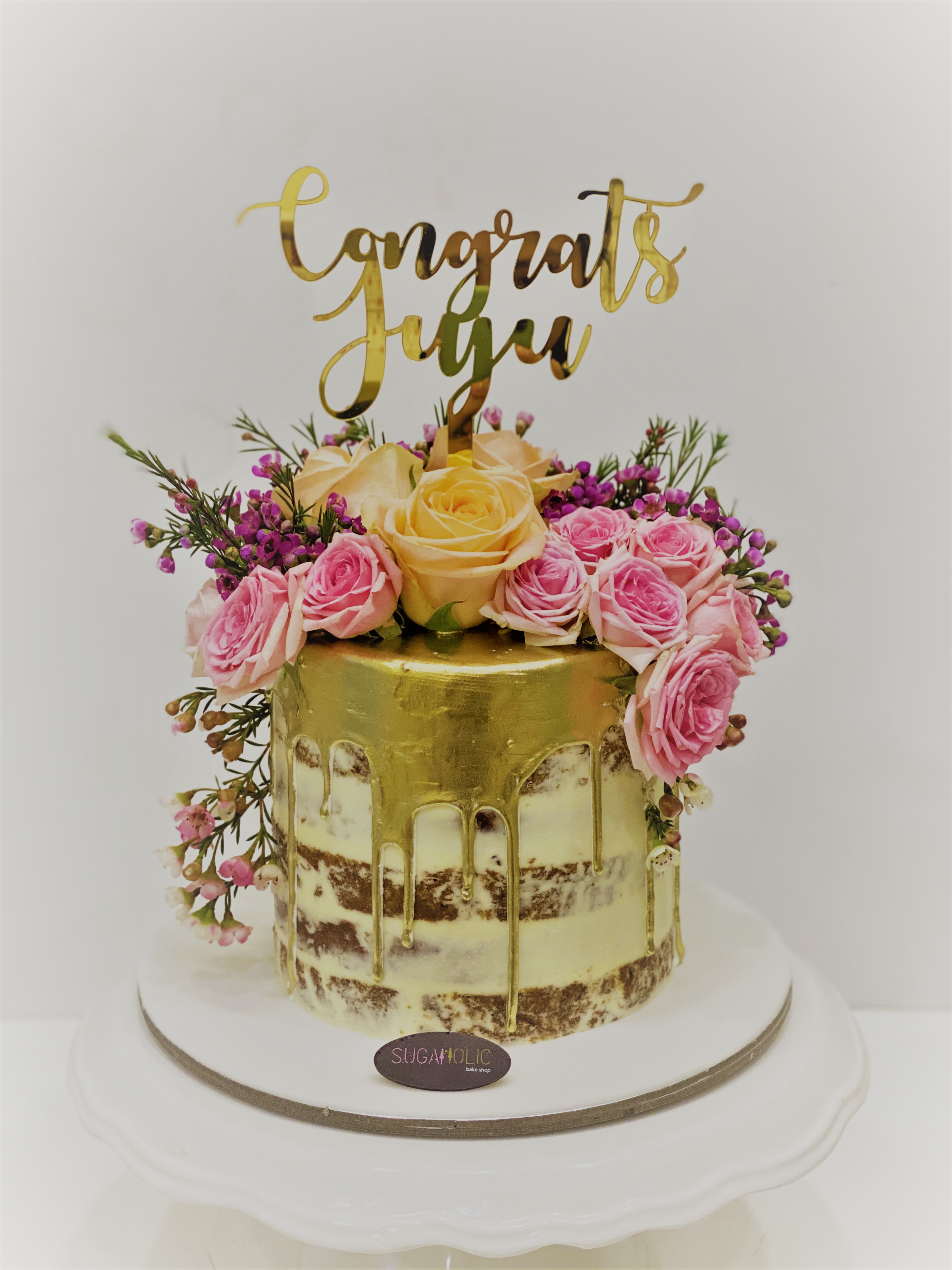 Pink Roses Topper Gold Drizzle Buttercream Cake