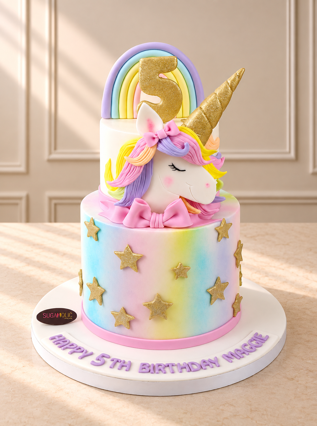 Pastel Rainbow Unicorn Two Tier Fondant Cake