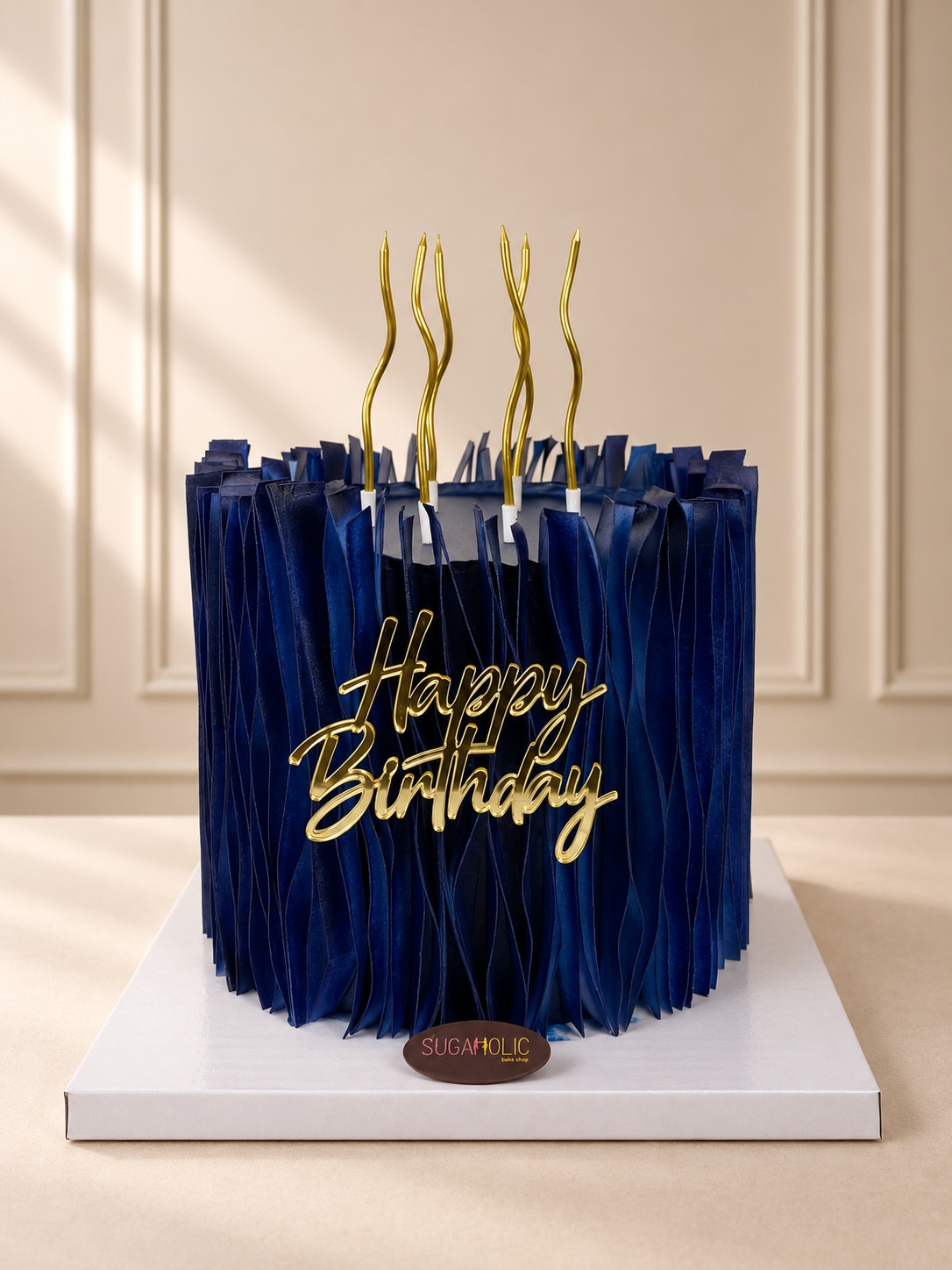 Navy Blue Wafer Paper Ruffle Birthday Cake