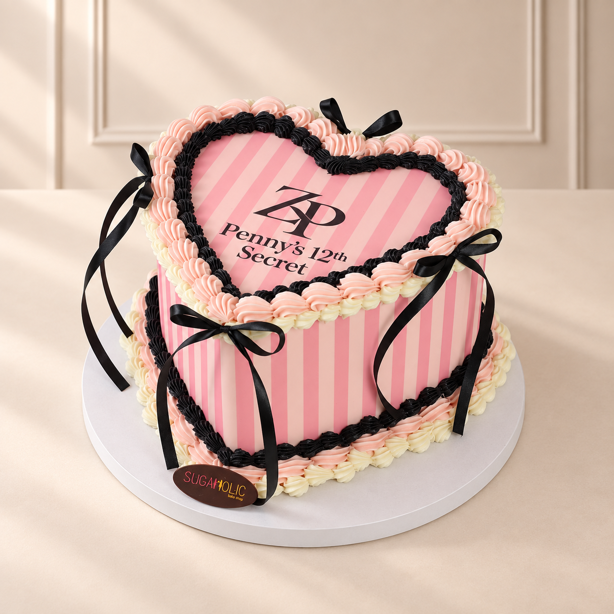 Pink Striped Heart Cake with Black Ribbons