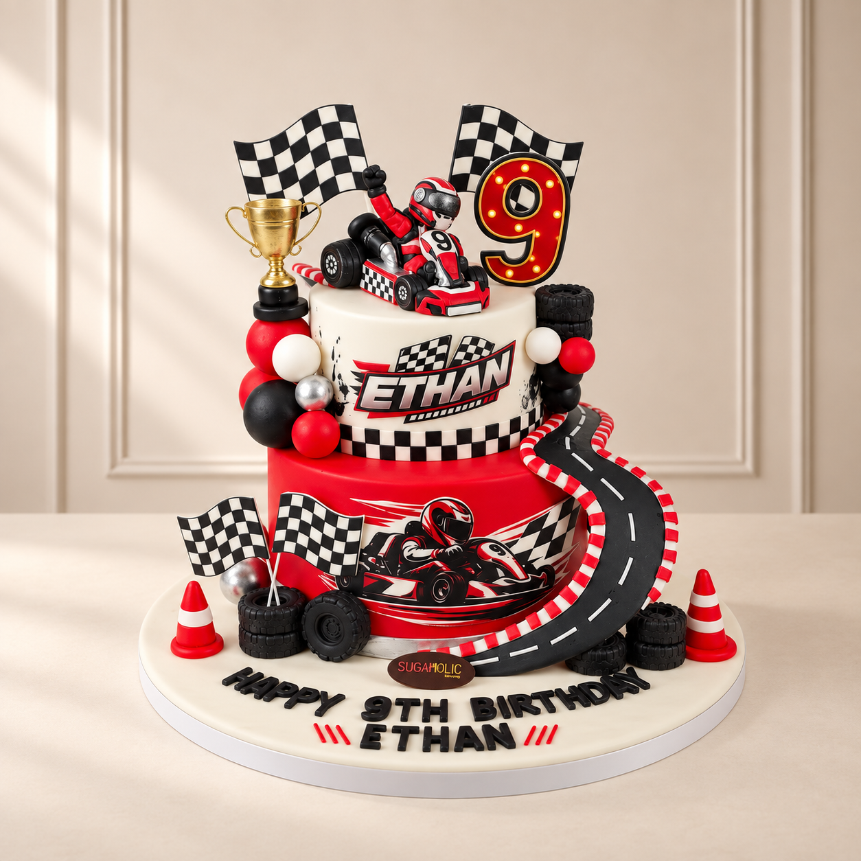 Red Racing Car Two Tier Fondant Cake