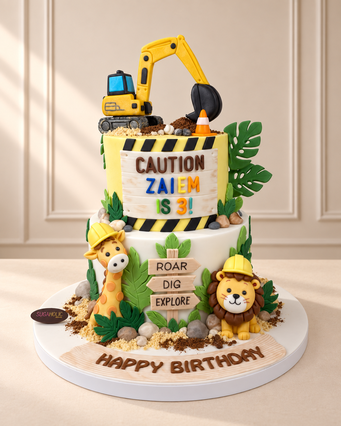 Construction Safari Animal Two-Tier Birthday Cake