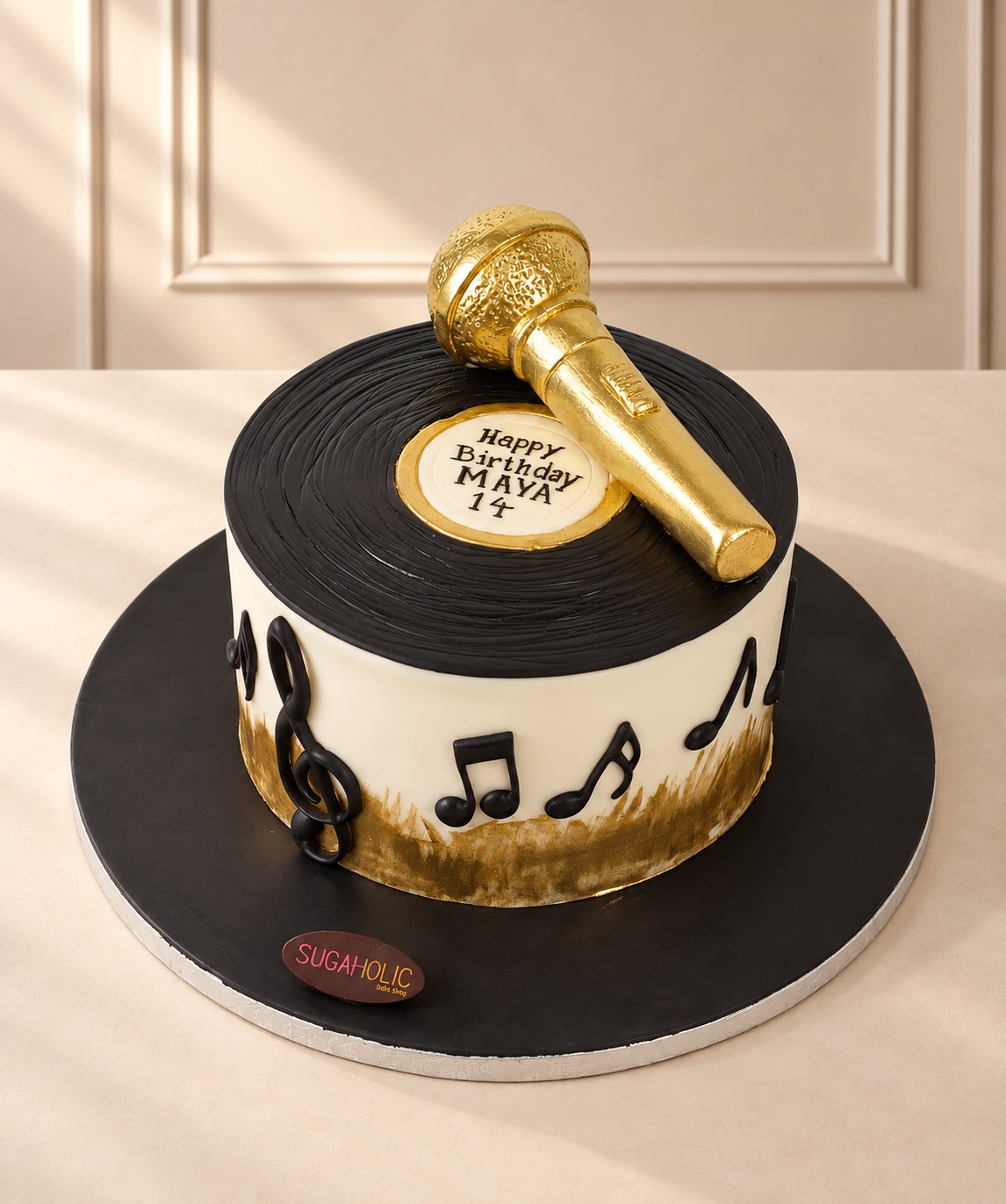 Vinyl Record Cake with Gold Microphone Topper
