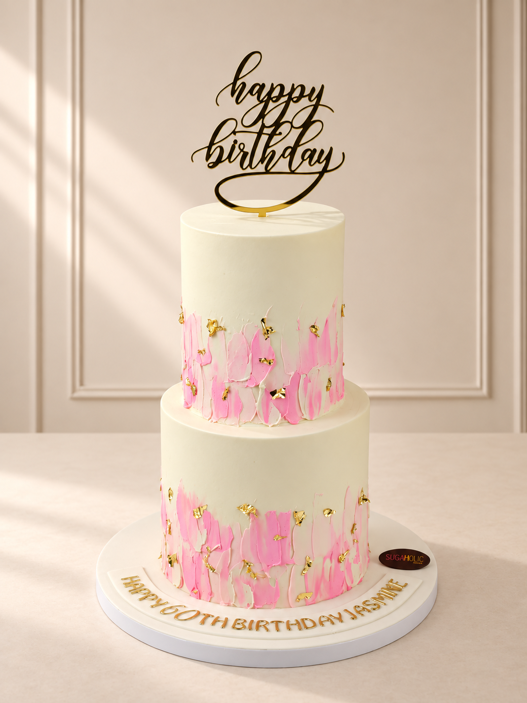 Pink Brush Stroke Gold Leaf Two Tier Cake