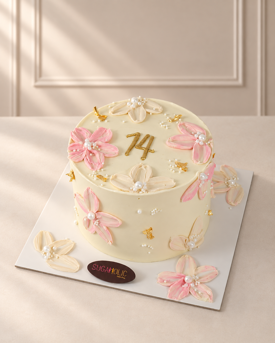 Pink Palette-Knife Floral Pearl Buttercream Cake