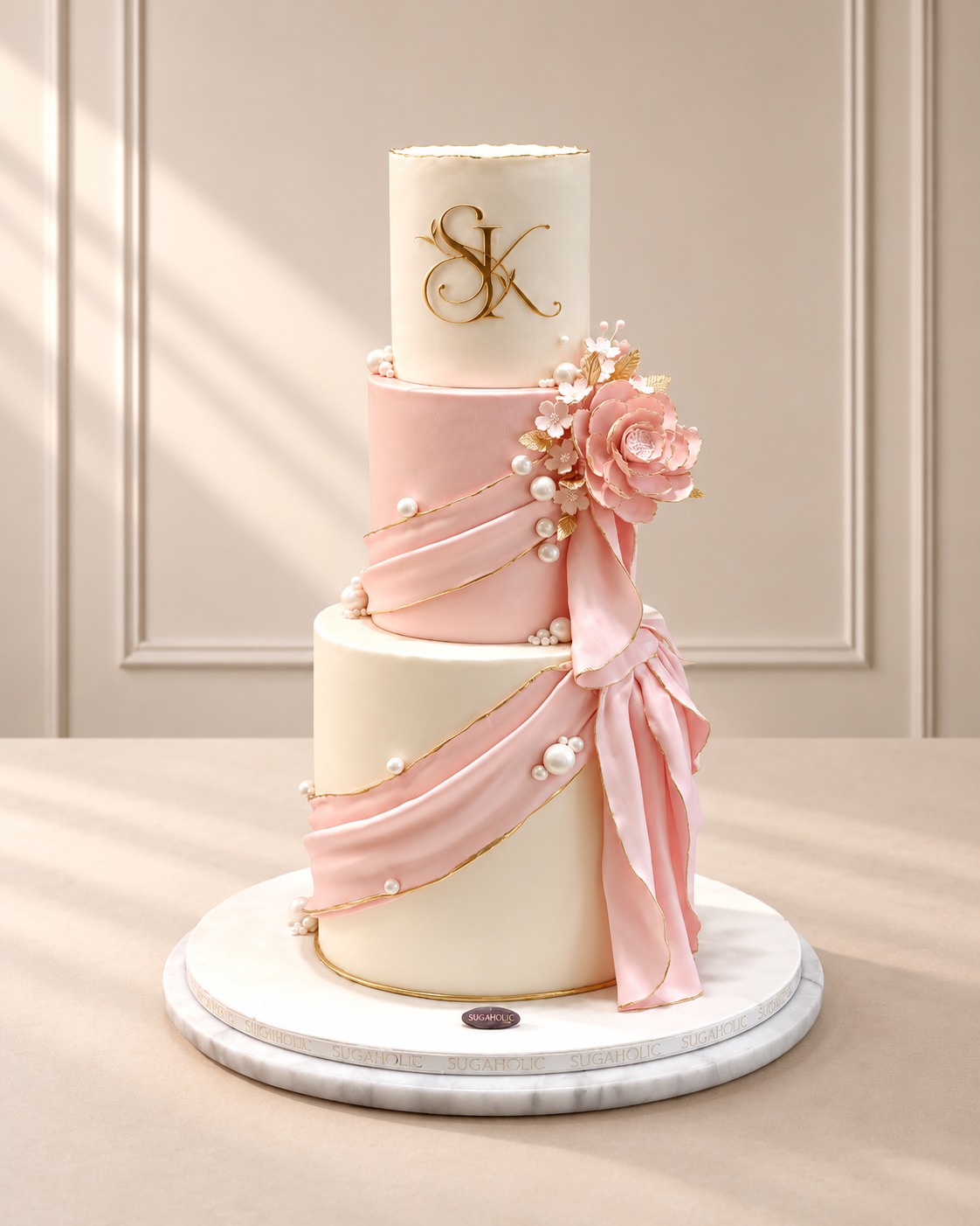 Three Tier Wedding Cake with Blush Drape and Monogram
