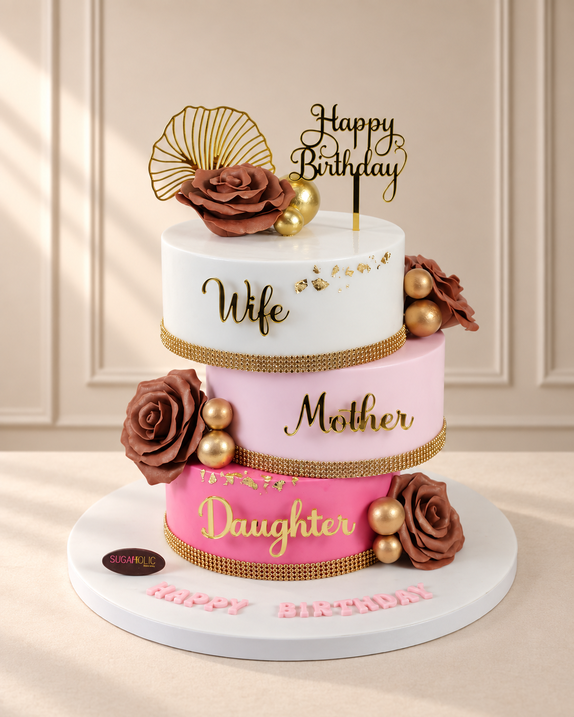 Blush Pink Floral Tribute Three-Tier Birthday Cake