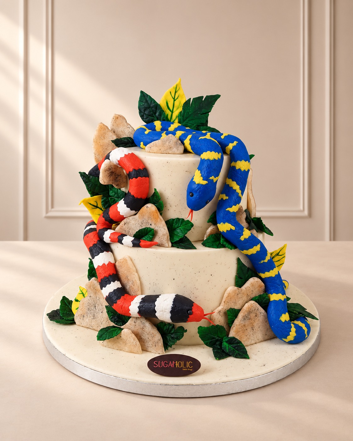 Two Tier Snake Cake with Rocks and Leaves
