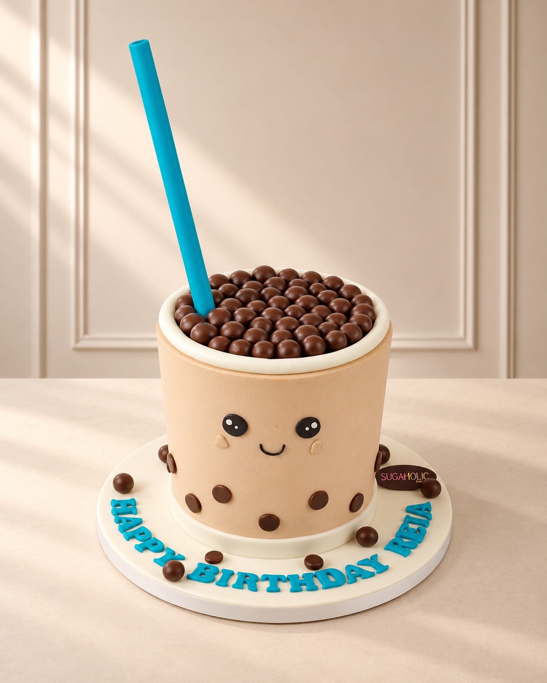 Bubble Tea Cake with Boba Pearls and Straw