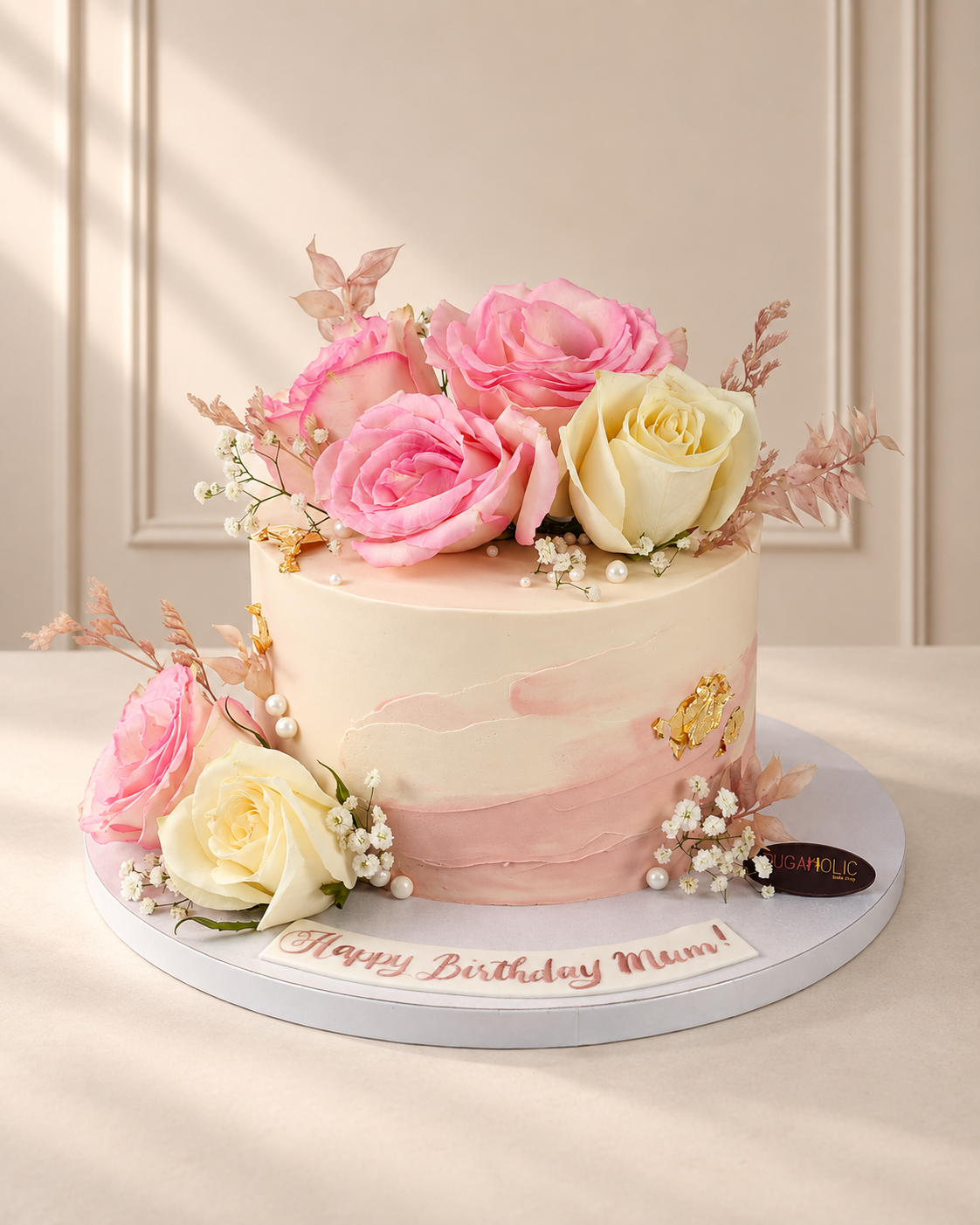 Pink and Ivory Rose Gold Leaf Buttercream Cake