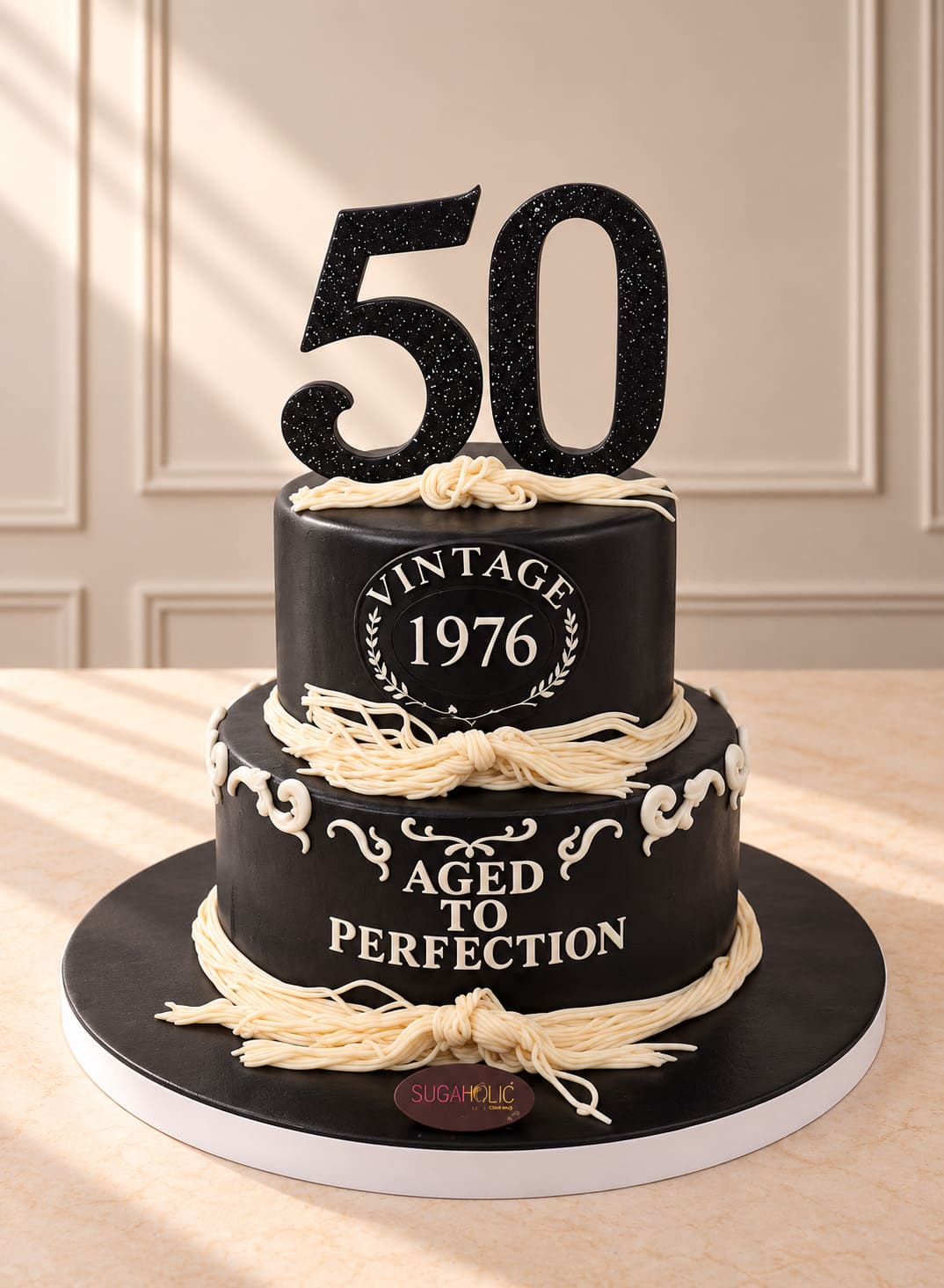 Vintage Black and Ivory Two Tier Fondant Cake