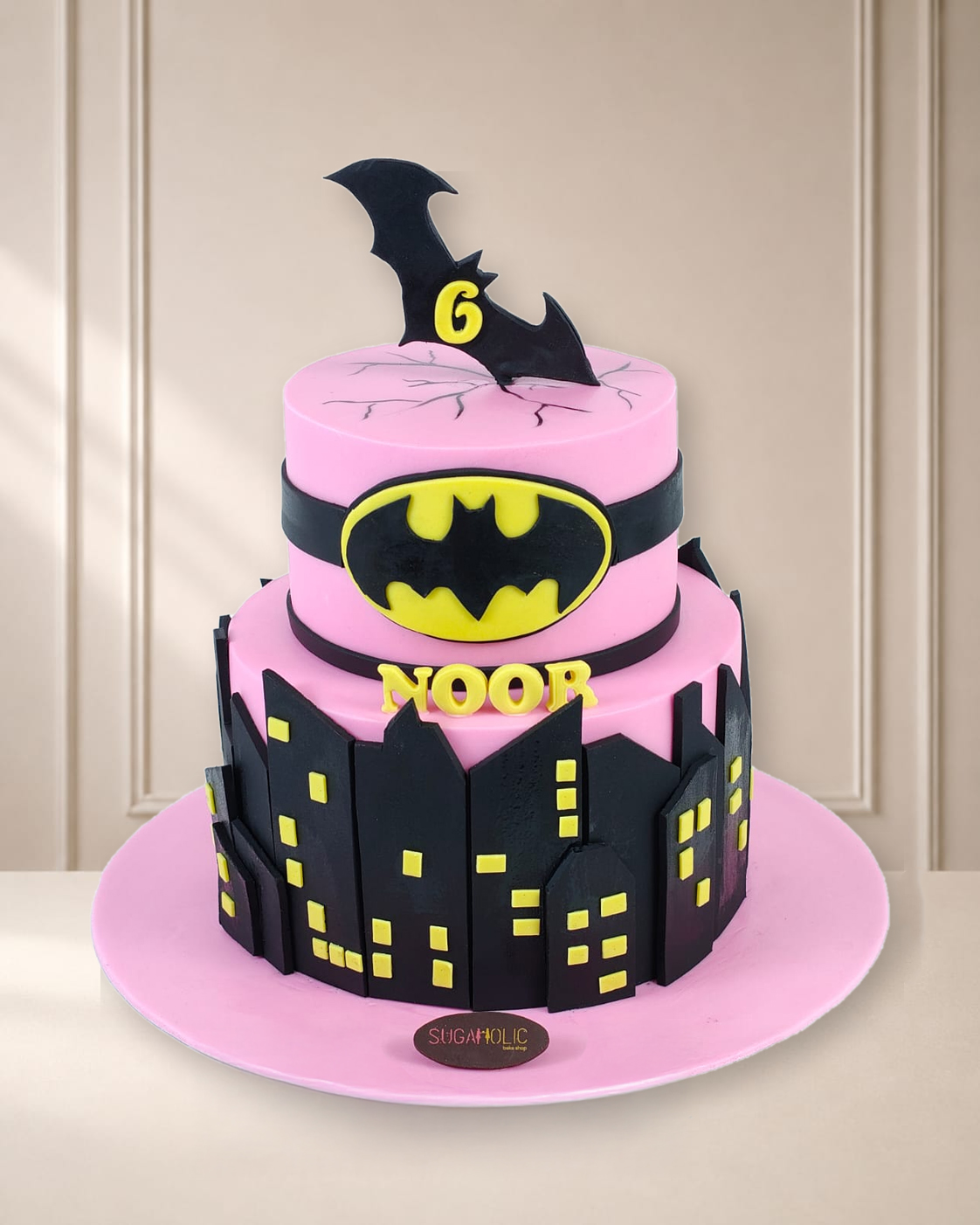 Pink Batman Gotham City Two-Tier Birthday Cake