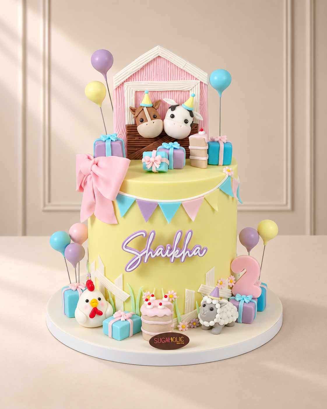 Pastel Farm Animals Fondant Birthday Cake