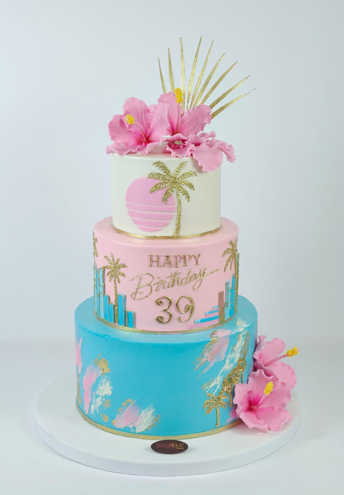 Tropical Beach Hibiscus Three Tier Buttercream Cake