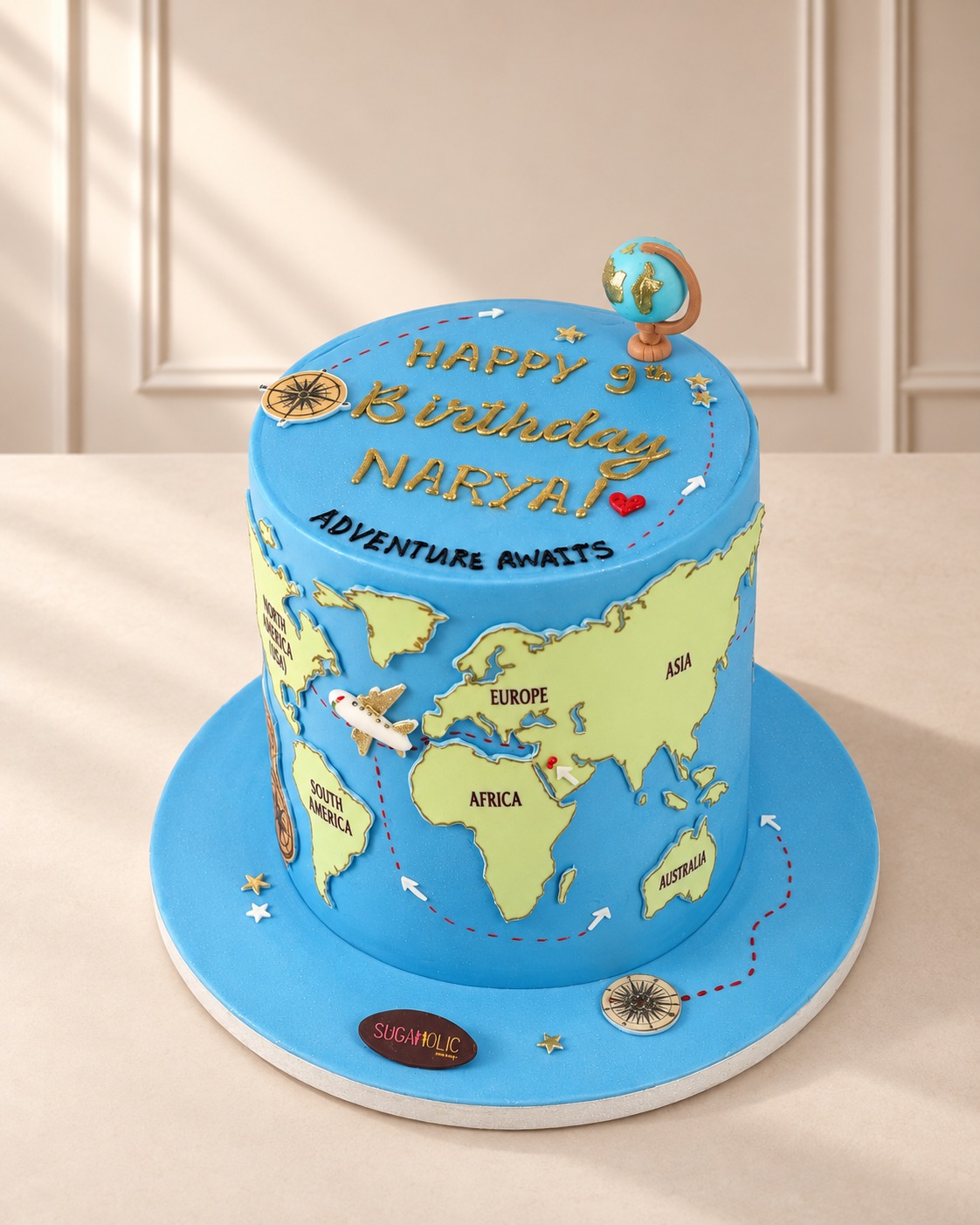 Around the World Map Cake with Aeroplane and Globe