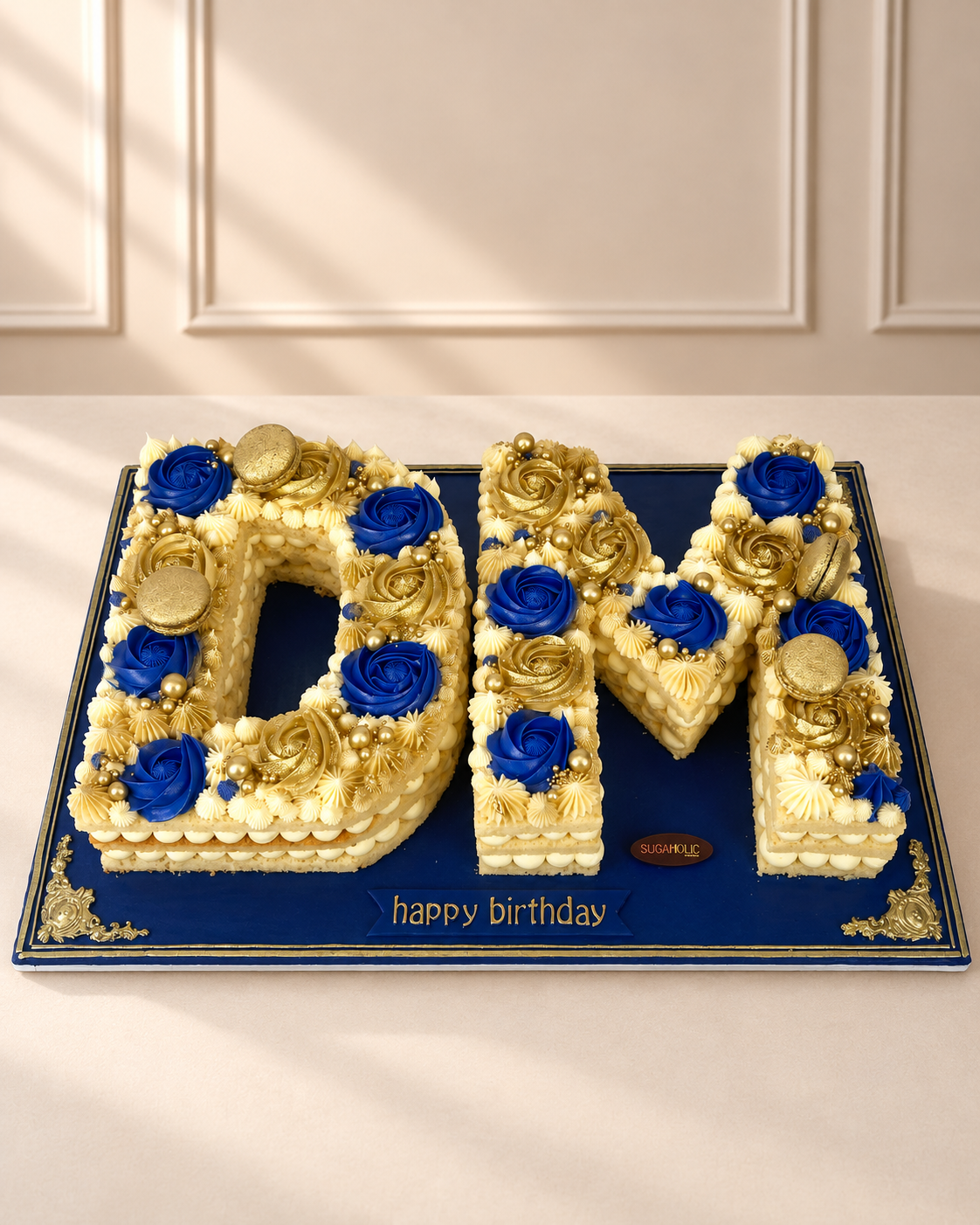 Blue Gold Floral Double Letter Cake