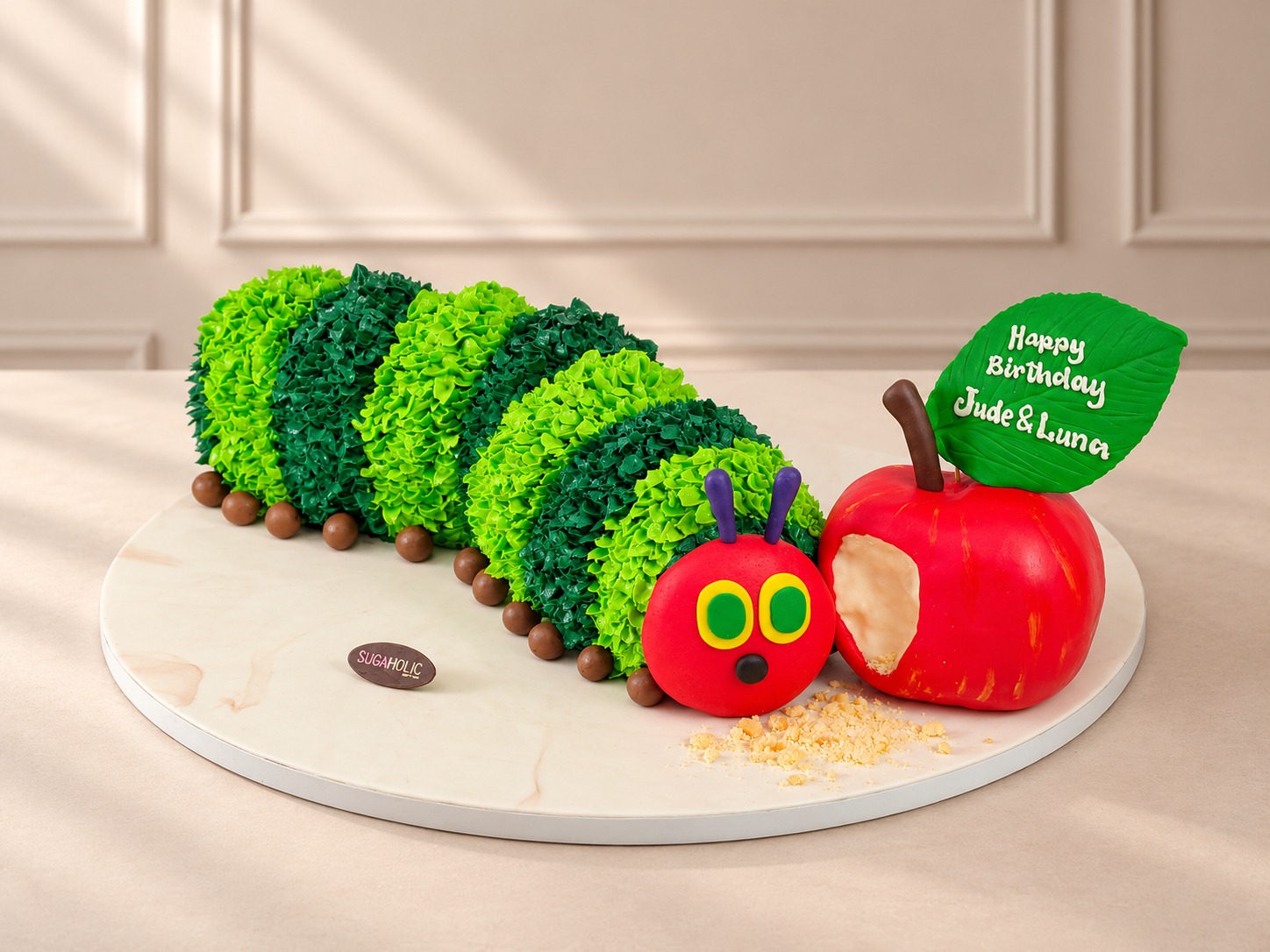 Caterpillar Cake with Apple and Leaf Topper