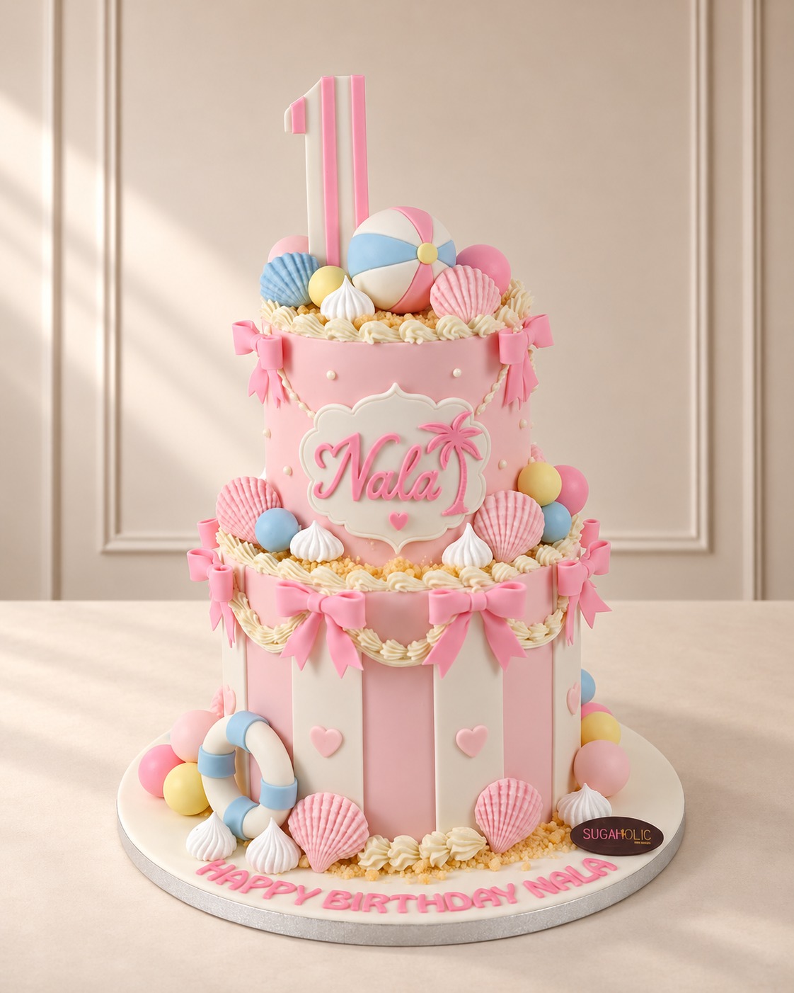 Pastel Beach Two Tier Cake with Shells and Bows