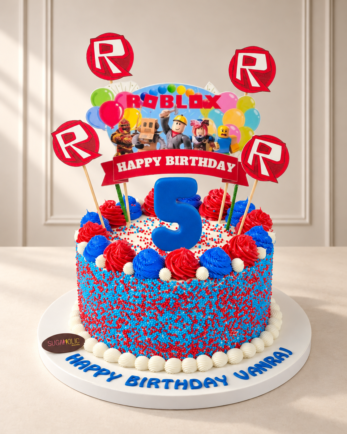 Red and Blue Roblox Sprinkle Buttercream Cake