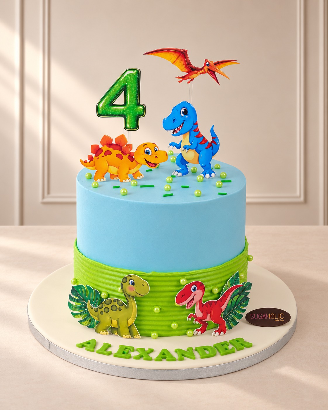 Dinosaur Cake with Dino Toppers and Jungle Leaves