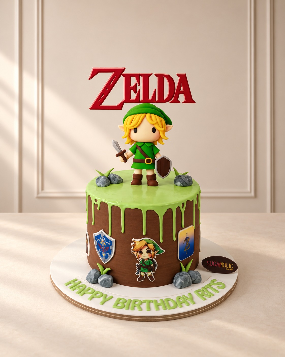 Zelda Cake with Hero Figure and Green Drip