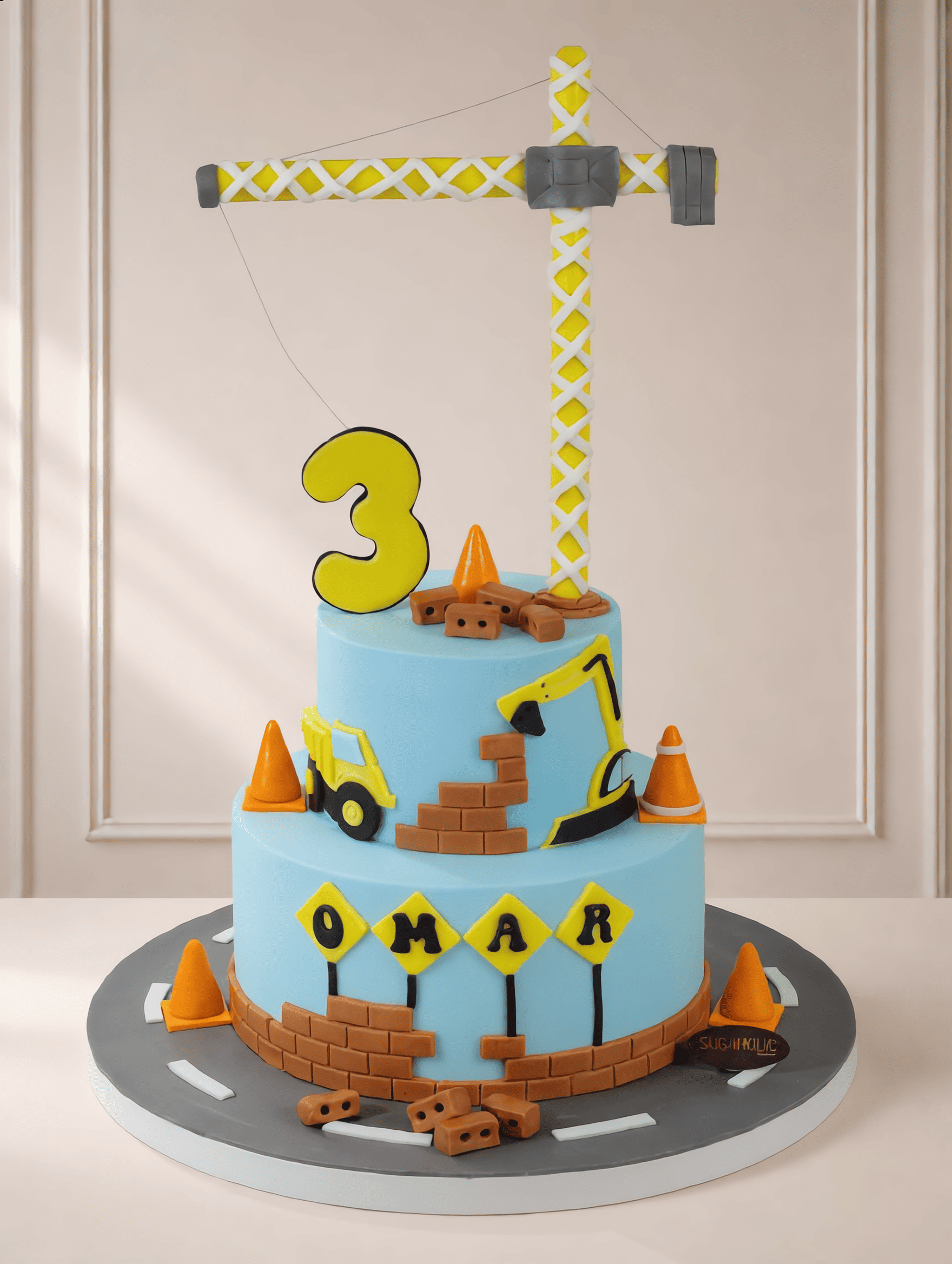 Construction Crane Two Tier Fondant Cake