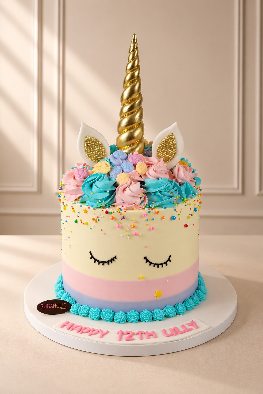 Unicorn Cake with Gold Horn and Rosette Mane