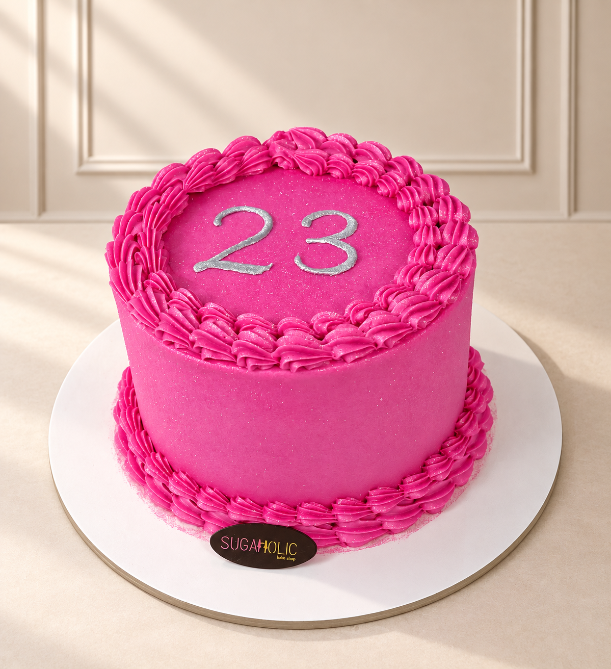 Vibrant Pink Glitter Piped Birthday Cake