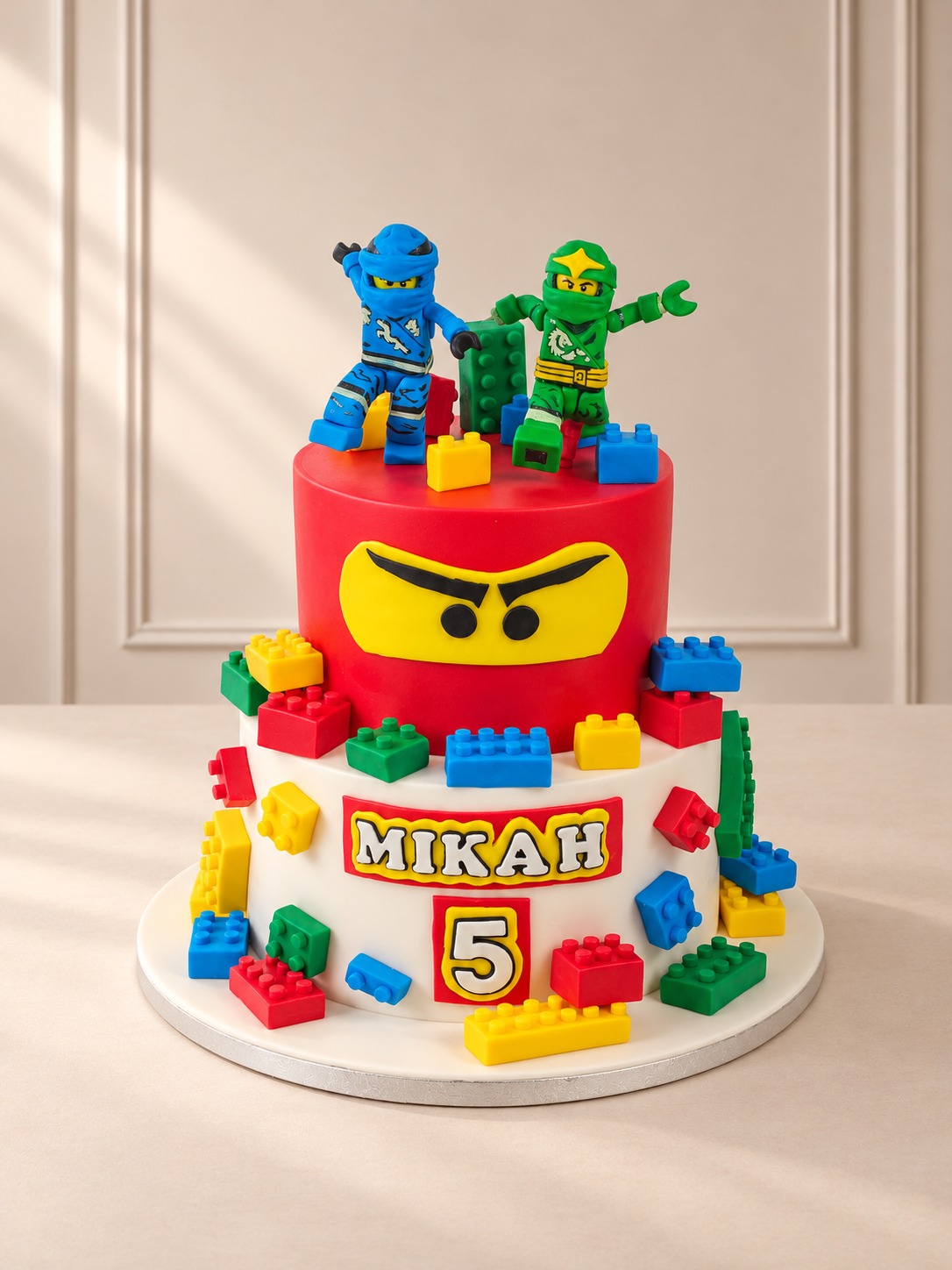 Two Tier Lego Ninja Cake with Fondant Bricks